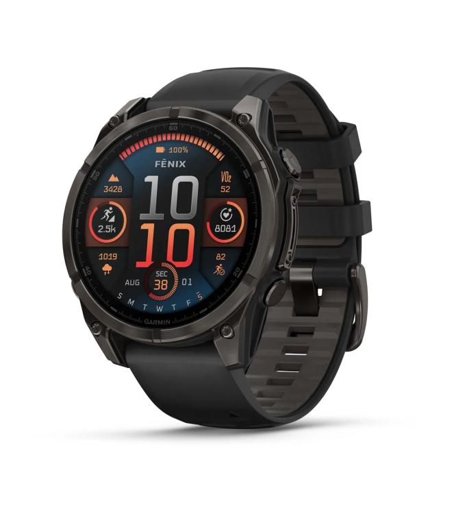 Garmin Garmin fenix 8 47 mm, AMOLED Sapphire Carbon grey DLC-ti zwarte/pebble grey siliconen band 010-02904-21 zwarte/pebble grey siliconen band Garmin orientatie 010-02904-21 licht grijs bij Leerentveldvrijetijd.nl