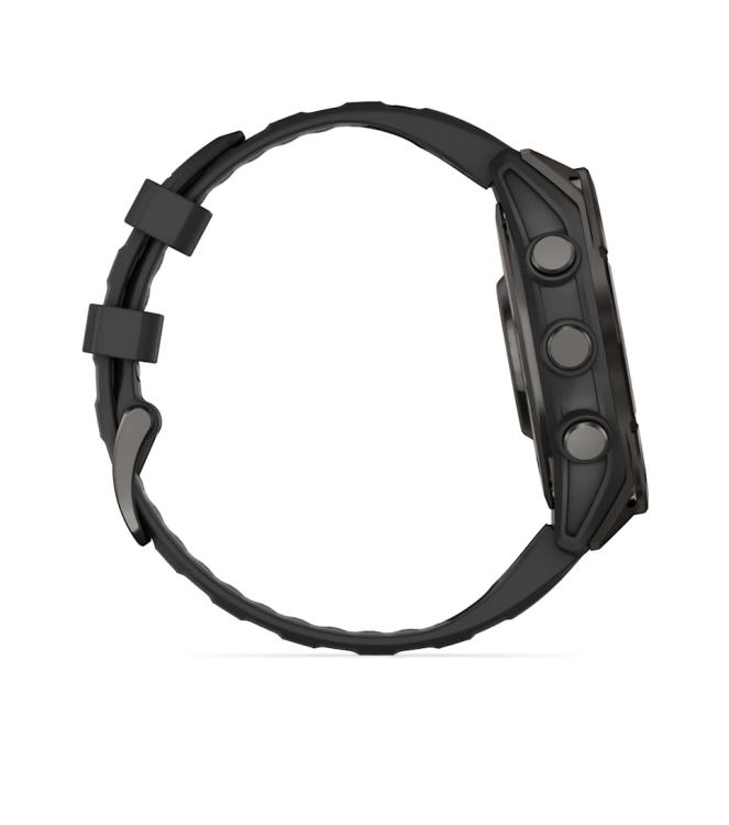 Garmin Garmin fenix 8 47 mm, AMOLED Sapphire Carbon grey DLC-ti zwarte/pebble grey siliconen band 010-02904-21 zwarte/pebble grey siliconen band Garmin orientatie 010-02904-21 licht grijs bij Leerentveldvrijetijd.nl