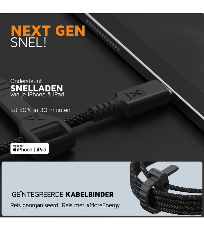 Xtorm Xtorm Next Gen cable USB-C to Lightning (1,5m) black CX3031 Black Xtorm electra CX3031 licht grijs bij Leerentveldvrijetijd.nl