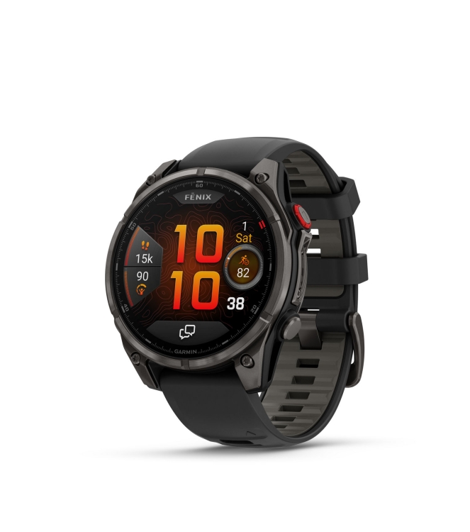Garmin Garmin Fenix 8 Pro 47 mm,Amoled, LTE, Sapphire carbon grey dlc-titanium met zwarte/pebble grey si 010-03198-01 Carbon grey DLC-titanium met zwarte/pebble grey si Garmin orientatie 010-03198-01 licht grijs bij Leerentveldvrijetijd.nl